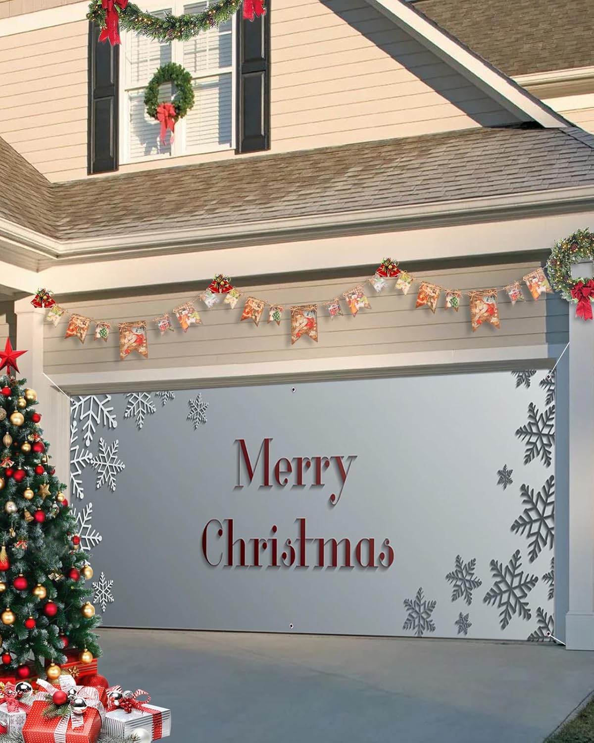 Christmas Garage Door Banner Cover 7 x 8 ft, Snowflake With Merry Christmas Decorations, Holiday Backdrop Decor for Winter New Year Xmas Party