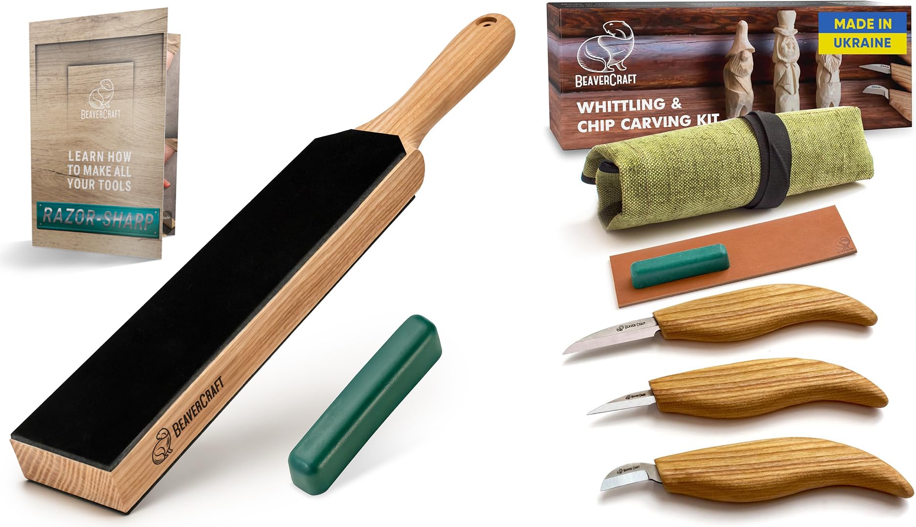 BeaverCraft Holzschnitz-Set S15 & LS6 – Schnitzmesser-Set für Anfänger & Kinder mit Sloyd- & Detailmesser plus extra Leder-Streichriemen mit Polierpaste für rasiermesserscharfe Klingen & Tutorials