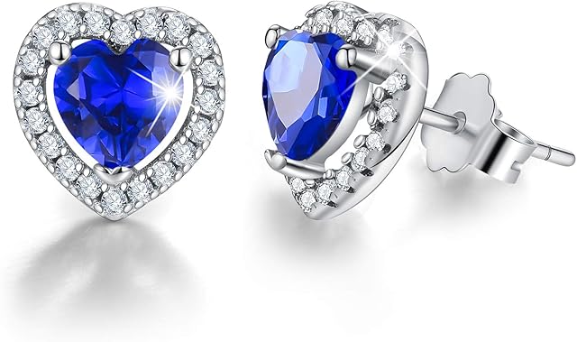 EsberryGift for Christmas 18K Gold Plating 925 Sterling Silver Birthstone Love Heart Stud Earrings Cubic Zirconia Hypoallergenic Earrings Birthday gift for Women and Girls (September-Sapphire)