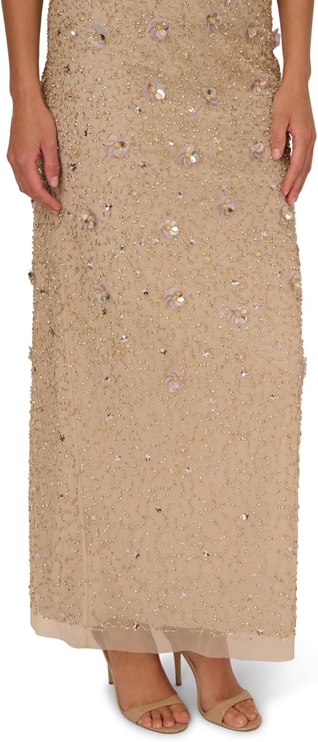 Adrianna Papell Women's Beaded Long 3D Floral Dress, Biscotti - Image 5