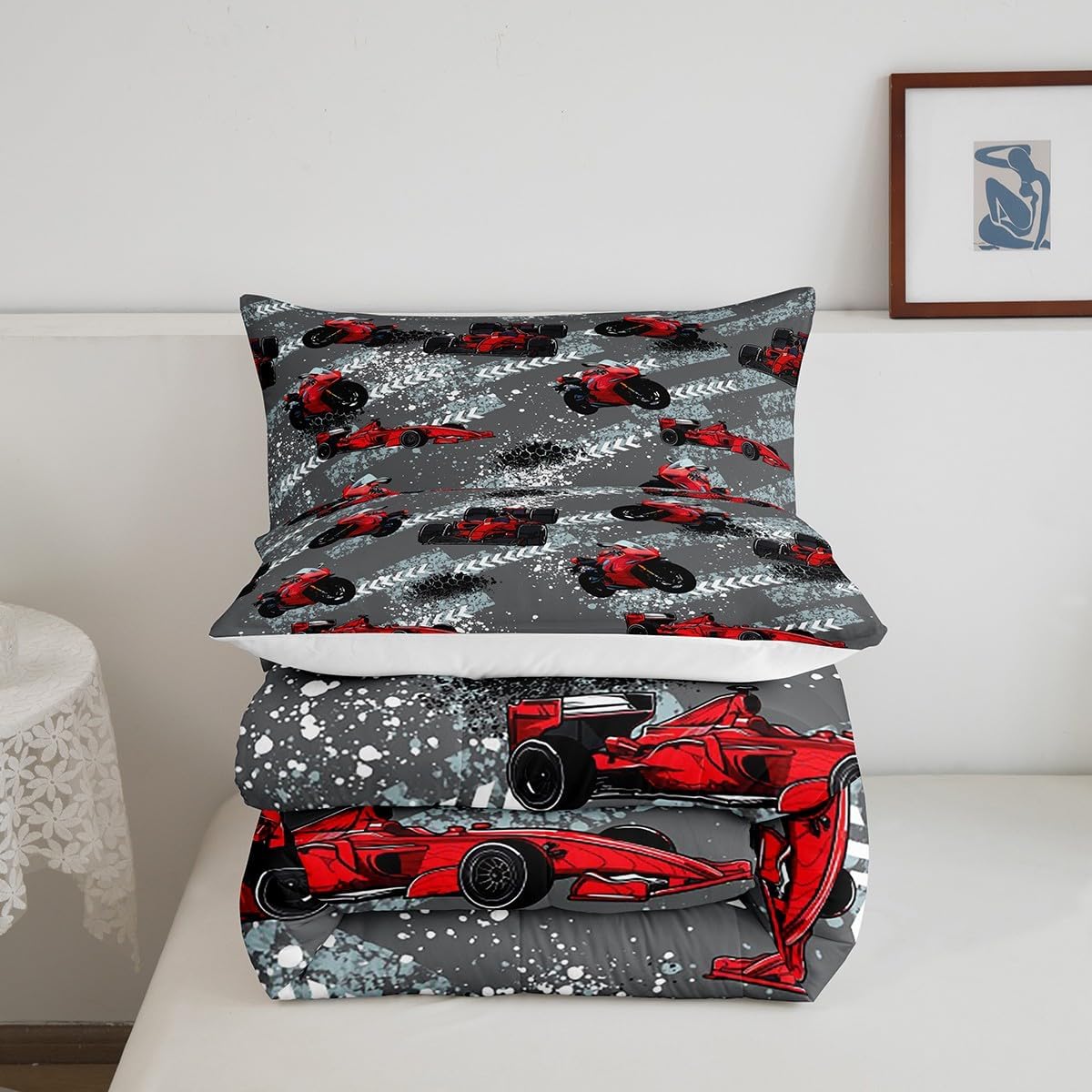 Sport Car Children Comforter Set,Red Race Car Bedding Set for Kids Boys,Adults Soft Extreme Sports Comforter,Teens Motorcycle Racing Car Quilted Duvet Set Bedroom Collection King Size 3Pcs