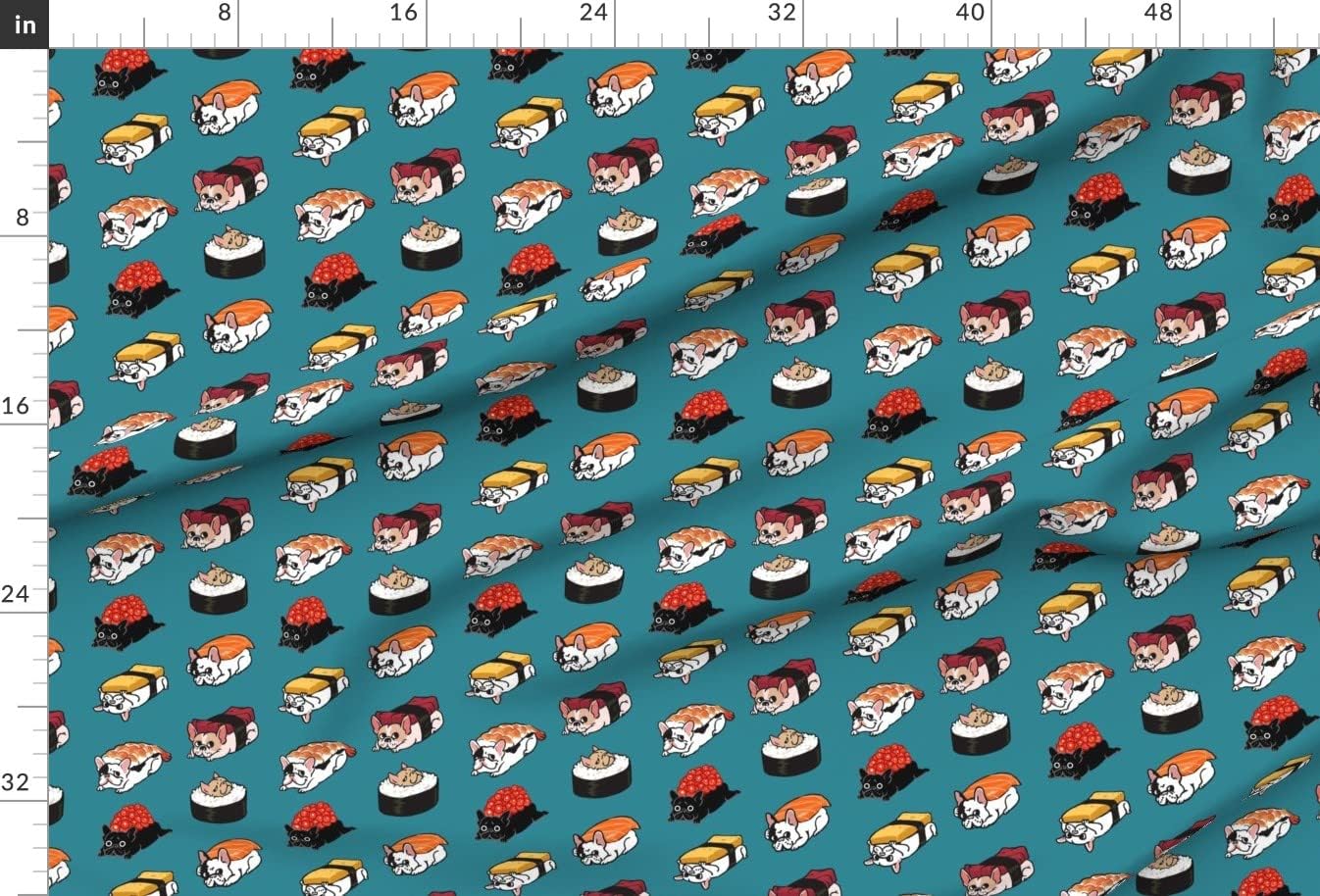 Spoonflower Fabric - Sushi Frenchie French Bulldog Japan Food Cute Kitchen Japanese Funny Printed on Minky Fabric by The Yard - Sewing Baby Blankets Quilt Backing Plush