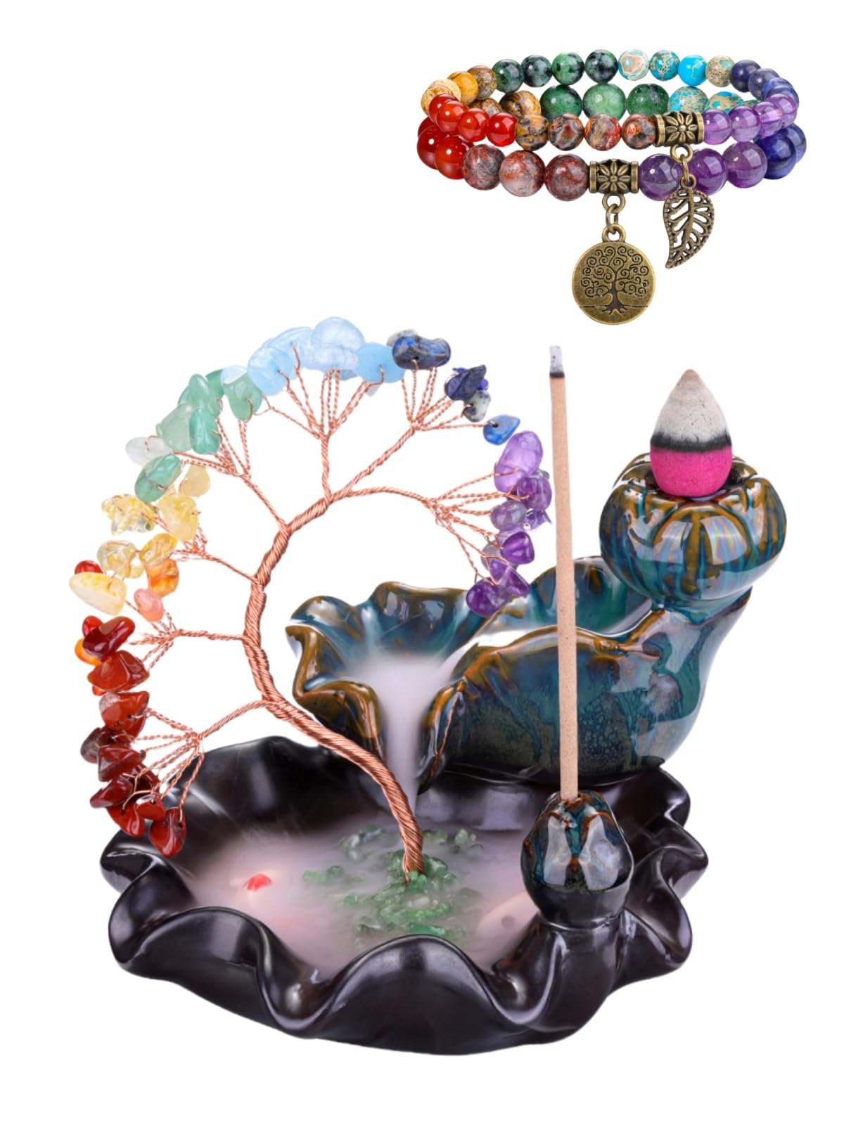 JSDDE - Soporte para incienso con árbol de cristal, 7 chakras, lote de quemador de incienso cascada de cerámica con pulsera de árbol de la vida, piedras naturales, quemador de reflujo, decoración de