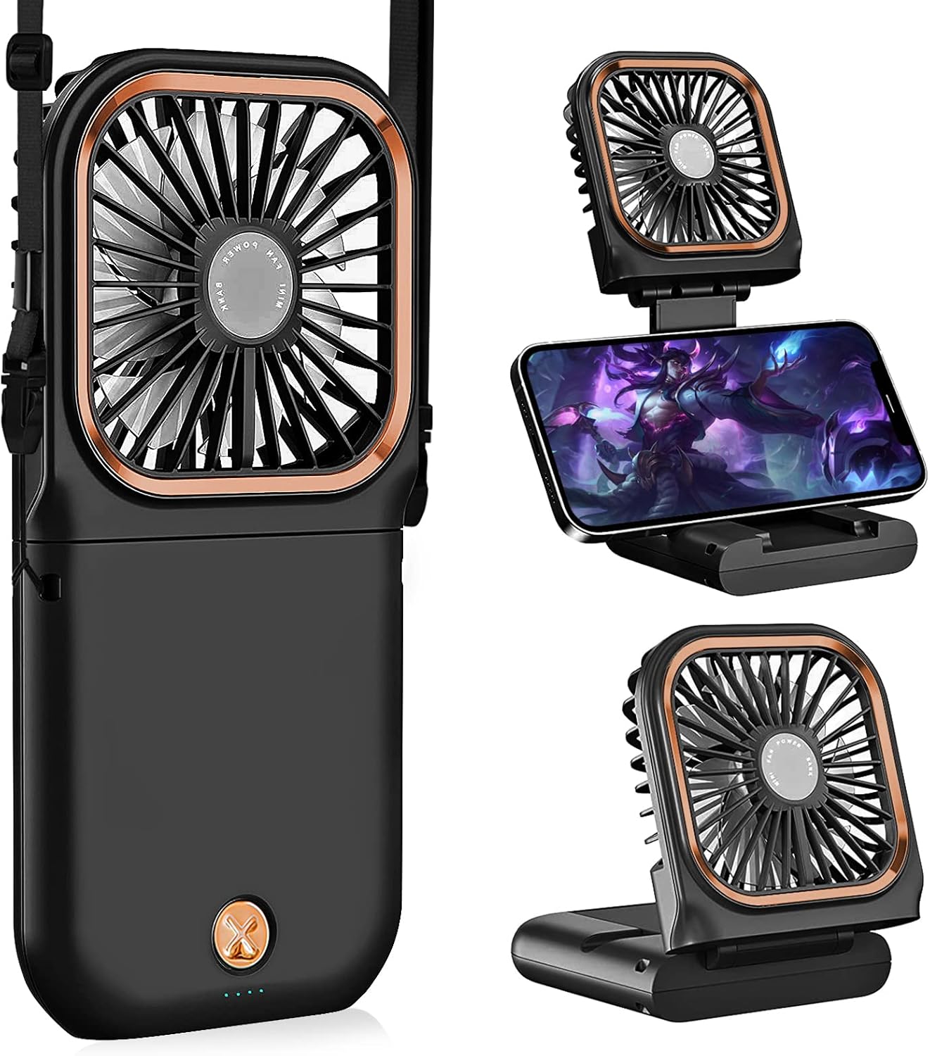 Portable Handheld Fan with Phone Holder, 3000mAh Power Supply Rechargeable Neck Fan with USB Output, Foldable Small Fan 0-180° Adjustable, Ultra Quiet Personal Cooling Fan for Travel Office Home