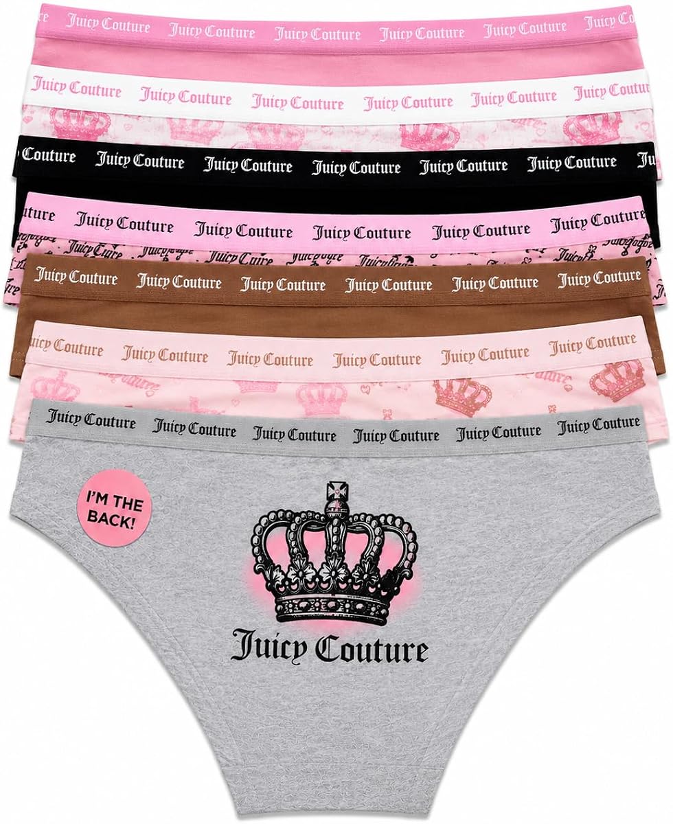 Juicy Couture Women's Bikini Panties, 7 Pack, 95% Cotton, Multicolor with Logo Waistband