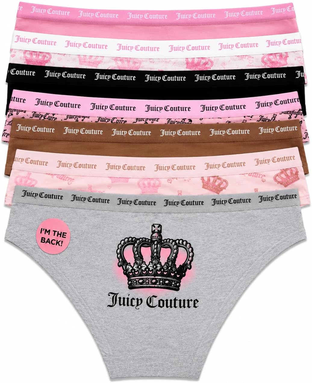 Juicy Couture Women's Bikini Panties, 7 Pack, 95% Cotton, Multicolor with Logo Waistband