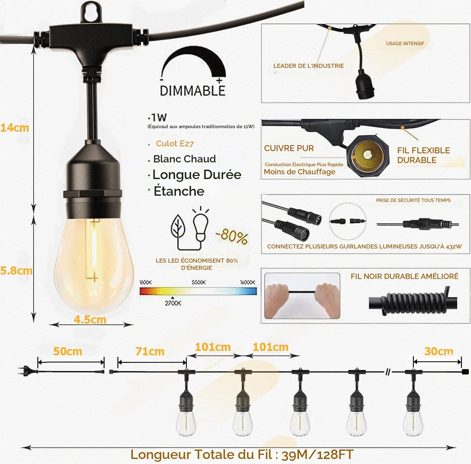 Svater Guirlande Lumineuse Extérieure 14M,Guirlande Lumineuse Exterieure LED S14 E27 Ampoules IP65 Imperméable Connexion Chaîne Lumiere Exterieur pour Jardin, Noël, Mariage, Boutique Blanc Chaud 2700K