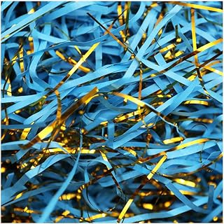 Rockreyoa Material de relleno de 2 colores, cinta de rafia con hilos dorados, papel triturado Raffia Hamper Shreds relleno de cestas, papel arrugado para cestas de regalo, color azul, 1000 g