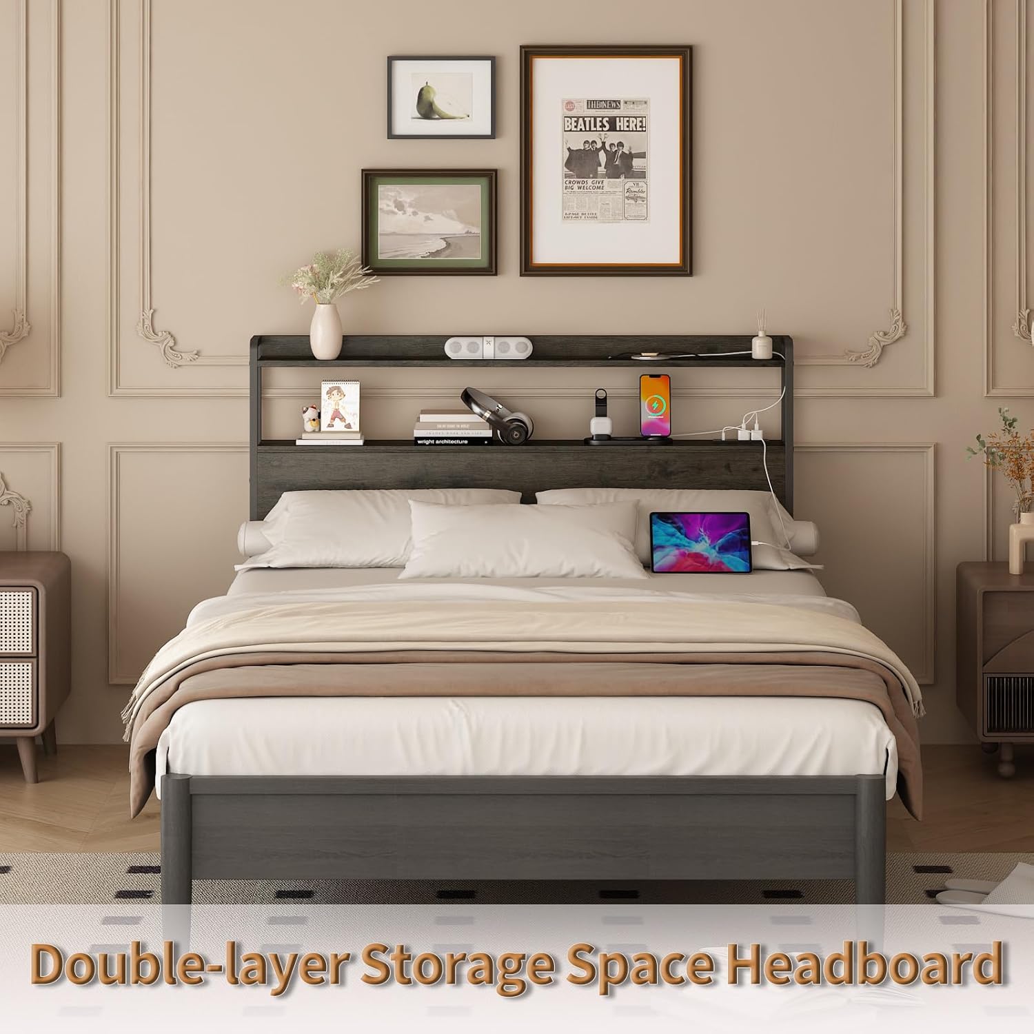 Adjustable Full Size Headboard with Outlets, USB Ports,Type-C,LED Lights, and Storage, Rustic Brown, Sturdy Headboard for Enhanced Comfort and Functionality,Black Oak,Bed Frame NOT Included