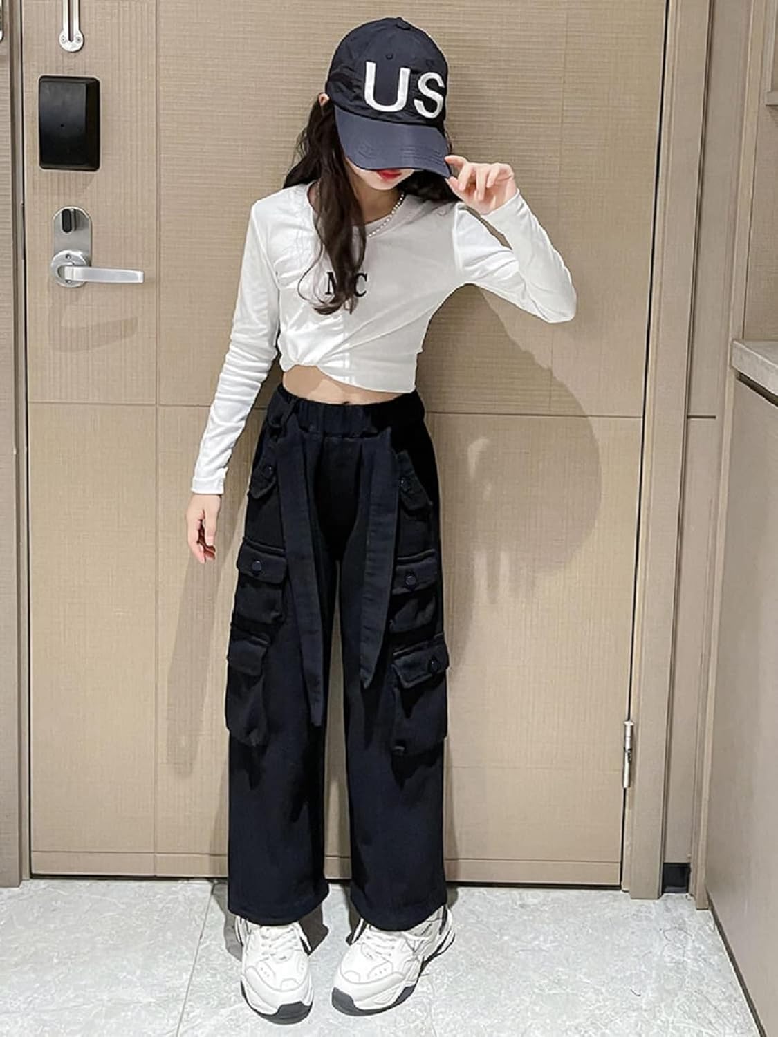 Rolanko Girls Cargo Pants Baggy Y2K Cargo Trousers Jeans Wide Leg Pants with Multi Pockets 4-15 Years - Image 6