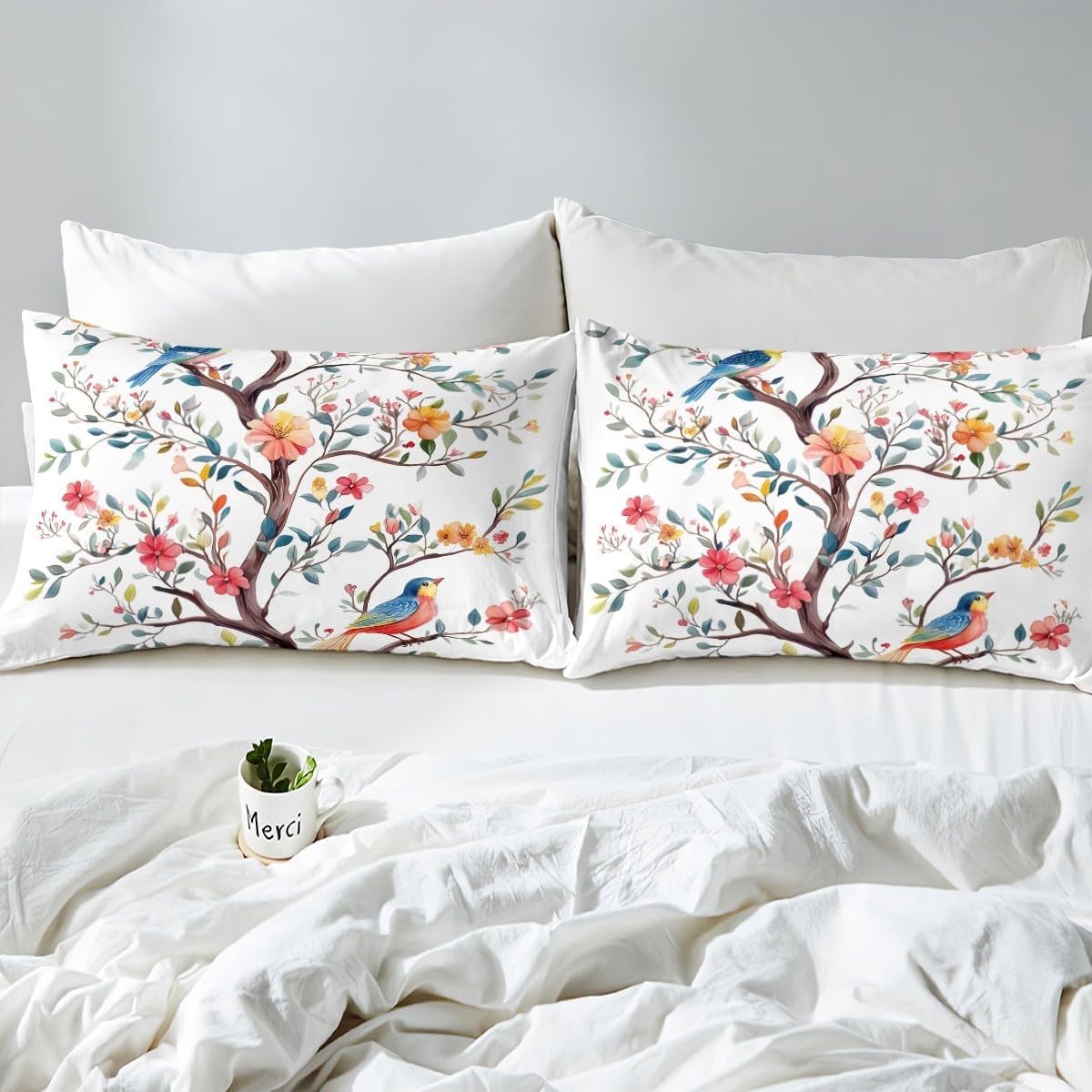 Erosebridal Branches Duvet Cover Colorful Birds Bedding Set Blue Red Vintage Flowers Petals Quilt Cover Plant Warm Romantic Girly Style Print Comforter Cover for Girl Women, 3 Pcs King Size