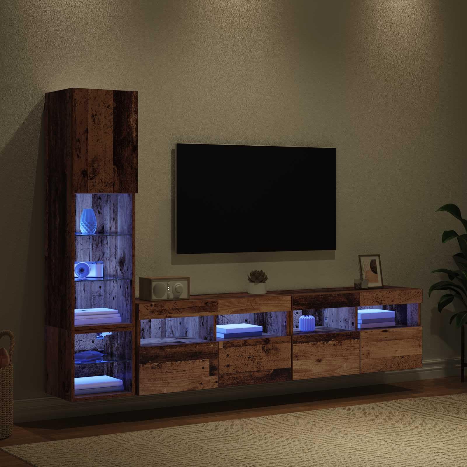 TV Wandmöbel aus Altholz Holzwerkstoff, Lowboard mit 15 Regalen, 5 Türen, Wandmontage für Wohnzimmer, Heimkino, Gaming Ecke, platzsparend mit LED und Stauraum