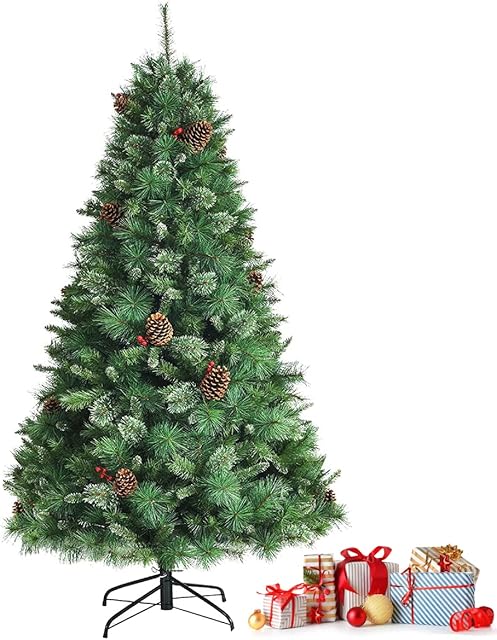 GYMAX 6FT Christmas Tree, Artificial Unlit Life-Like Xmas Tree with Real Pine Cones, Red Berries & 814 Glittery Tips, Premium Hinged Pine Tree for Indoor and Outdoor Décor