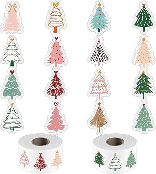 1000Pcs Christmas Tree Boho Stickers, 2 Rolls Christmas Pine Tree Decals Self-Adhesive Stickers for Birthday Holiday Labels, Xmas Party Decor, Gifts Wrapping, Scrapbooking, Envelope 16 Designs