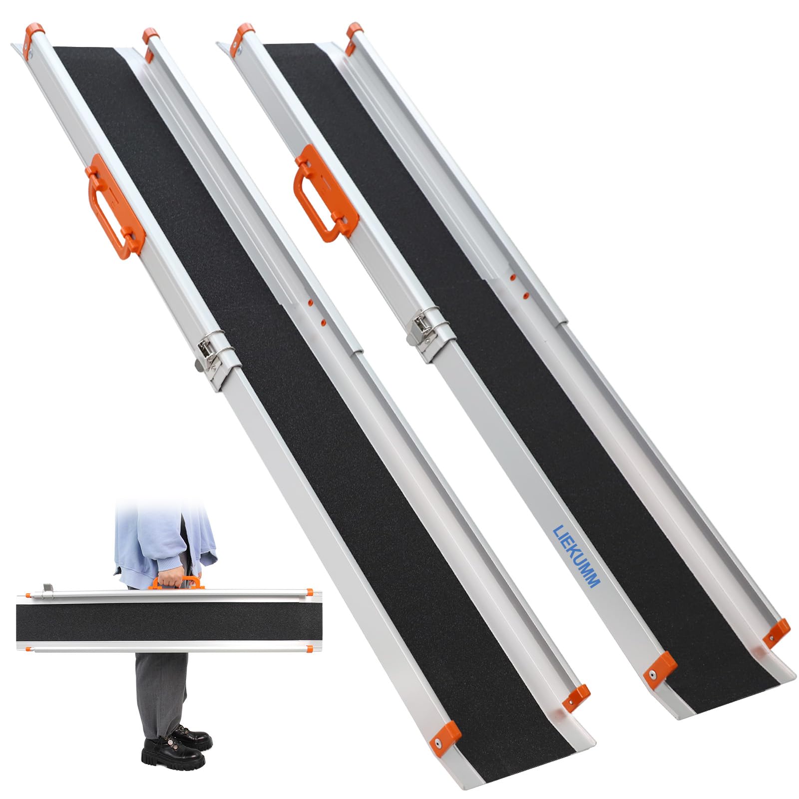 LIEKUMM Antypoślizgowa rampa ułatwiająca załadunek, 210 cm x 21 cm, regulowana, przenośna, aluminiowa rampa teleskopowa na schody i przeszkody, składana szyna ładująca (MR207N-7), 2 sztuki