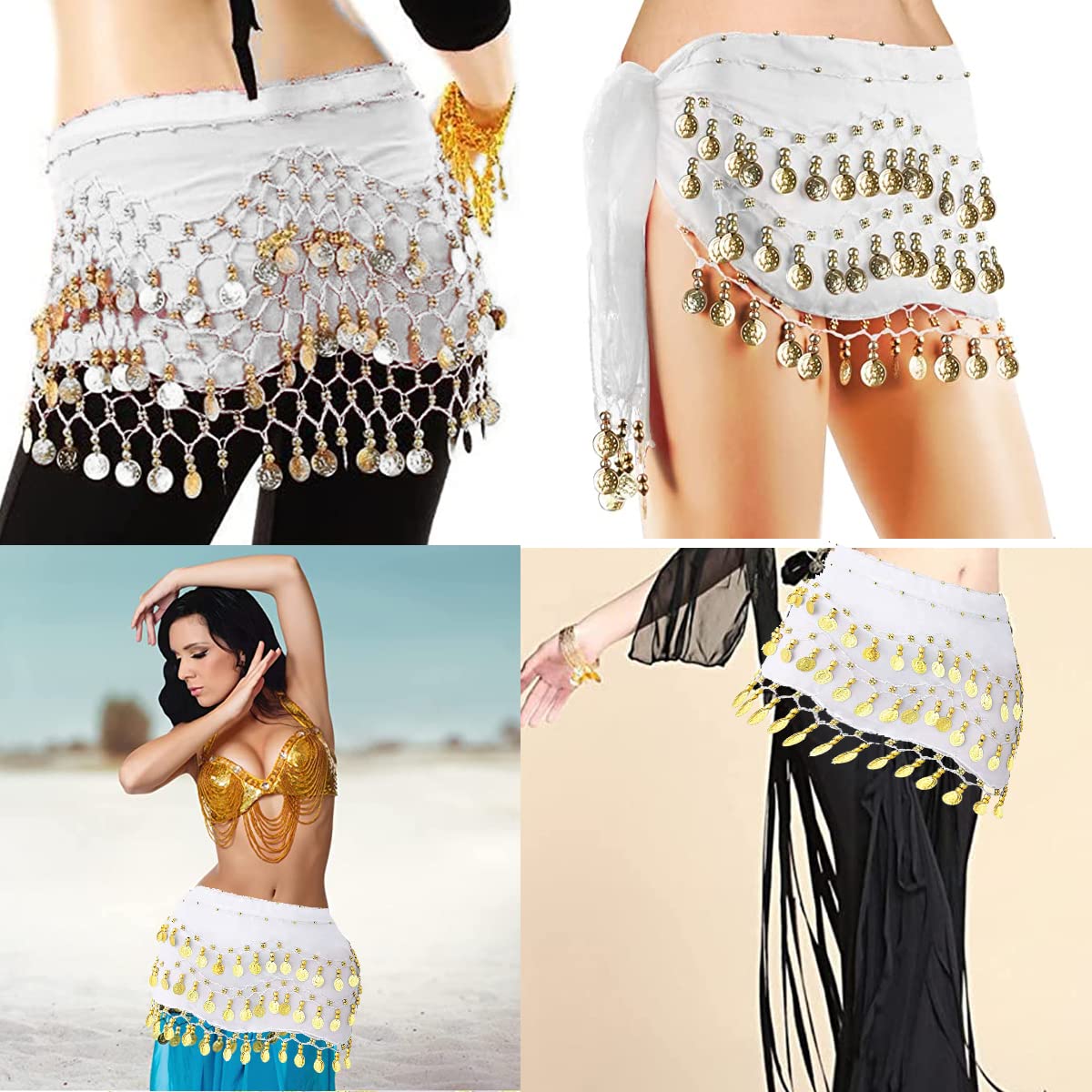 Écharpe à la hanche de danse du ventre avec bracelet, 128 pièces Belly Dance Jirt Wrap Belt avec bracelets de cheville au poignet, Chaîne de taille de ceinture de jupe de danse