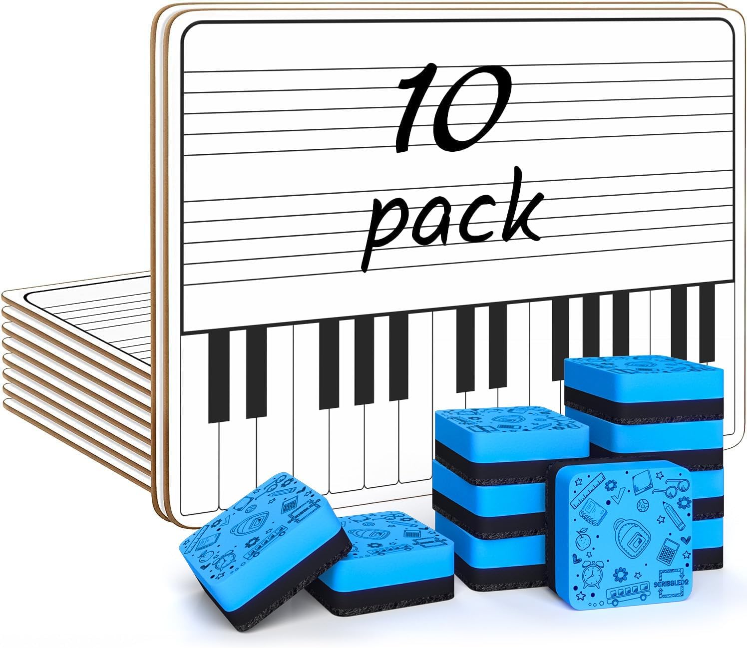 SCRIBBLEDO 10 Pack 11 x 14 Inch Piano Board Dry Erase White Boards Keyboard Double Sided Music Staff whiteboard for Kids Students, Musicians Music Class Supplies. (10 Erasers Included)