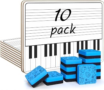 SCRIBBLEDO 10 Pack 11 x 14 Inch Piano Board Dry Erase White Boards Keyboard Double Sided Music Staff whiteboard for Kids Students, Musicians Music Class Supplies. 10 Erasers Included