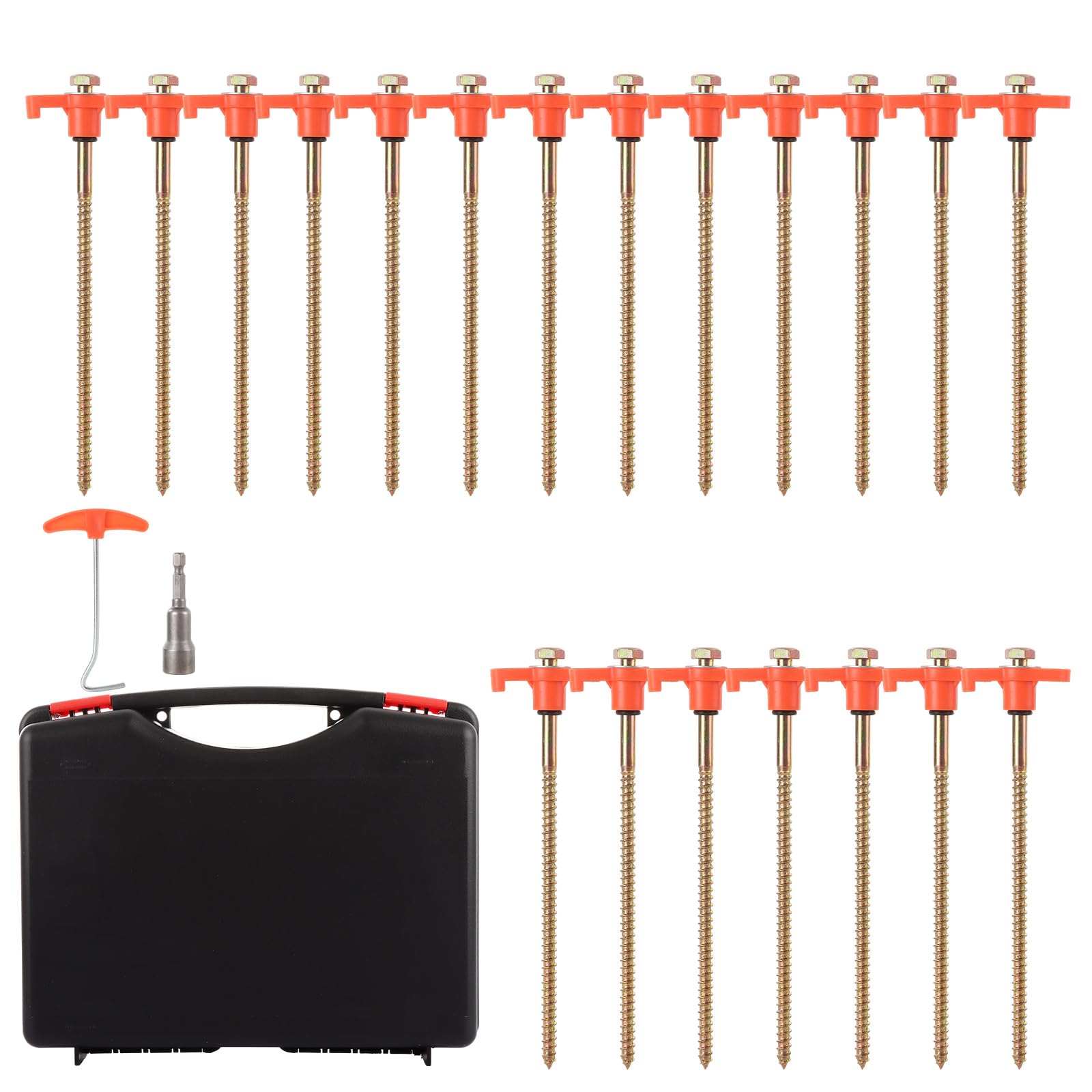 YOUNTHYE 20 Pack Heavy Duty Tent Pegs, 20cm Tent Pegs Metal Hard Ground Rock Pegs with Drill Adapter and Storage Case, Screw In Camping Pegs for Camping, Rock, Beach