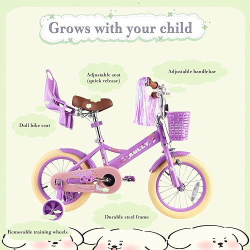 Miniatura 2 de RULLY Bicicleta para niños de 12, 14, 16 pulgadas, para niñas de 2 a 7 años con ruedas de entrenamiento y freno de mano delantero, bicicleta para