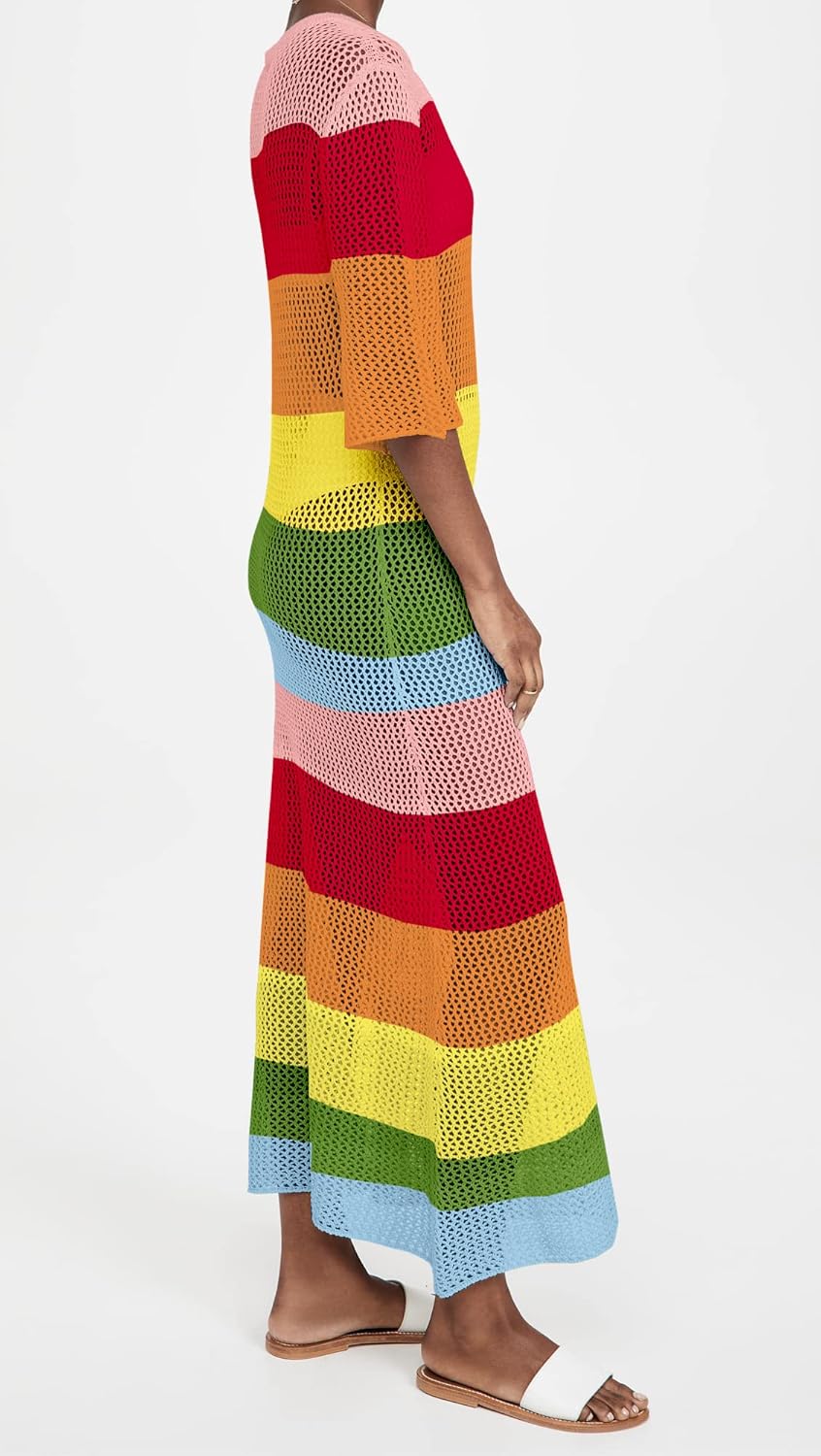 Women's Crochet Cover Ups for Bikini Swimsuit Half Sleeve Bathing Suit Rainbow Swimwear Long Beach Dresses - Image 2