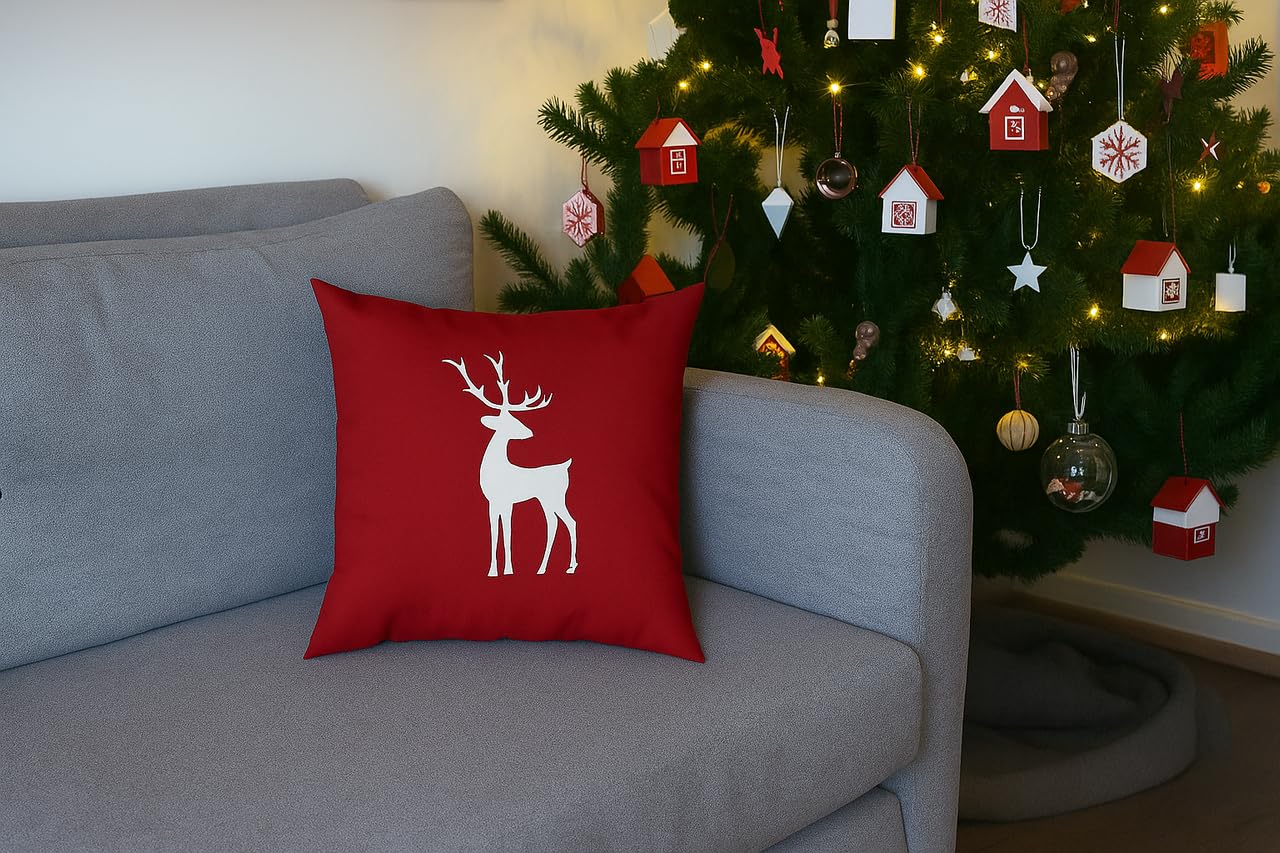 Holiday Decor Red Throw Pillow with Printed White Reindeer Design, Decorative Christmas Theme Cushion (C)-image-9