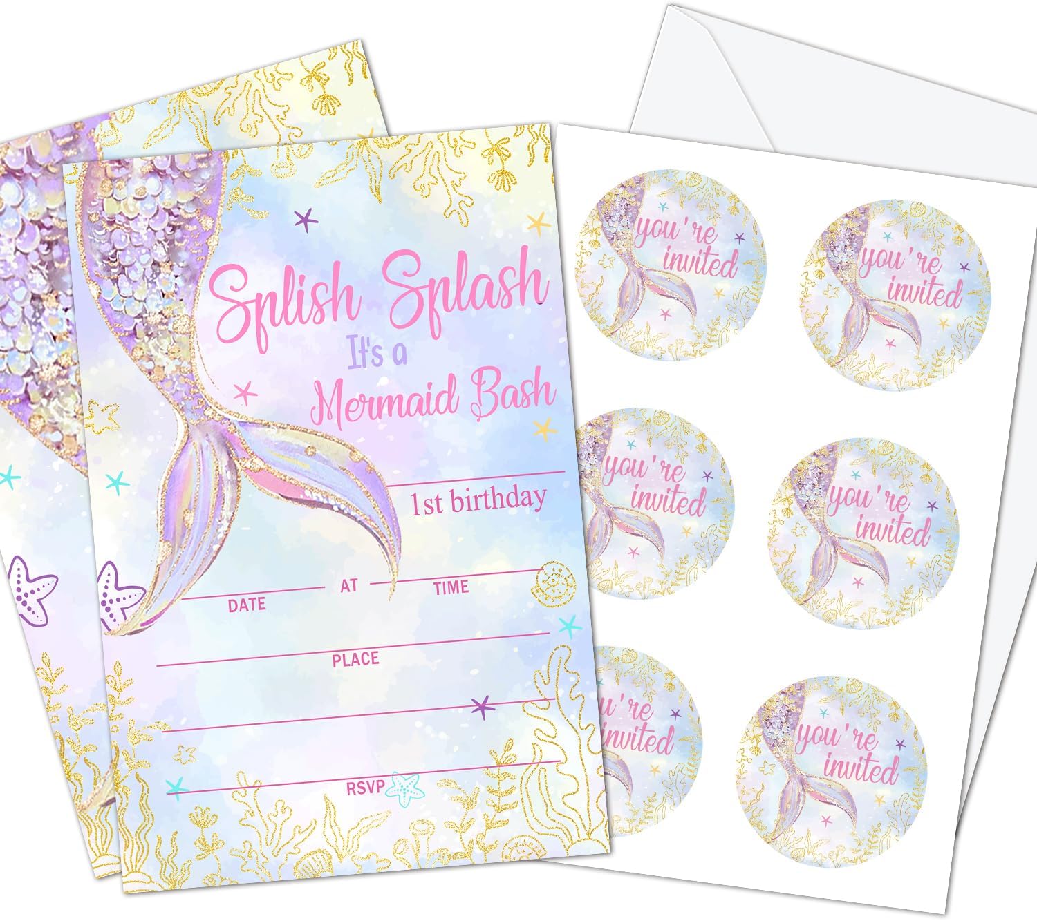 Set of 20 Golden Glitter Scales Mermaid Birthday Invitation, Party Invitations for 5th Grils & Kids with Envelopes and Pieces Stickers, Supplies for Sea Ocean Theme Birthday Partys Decorations -06