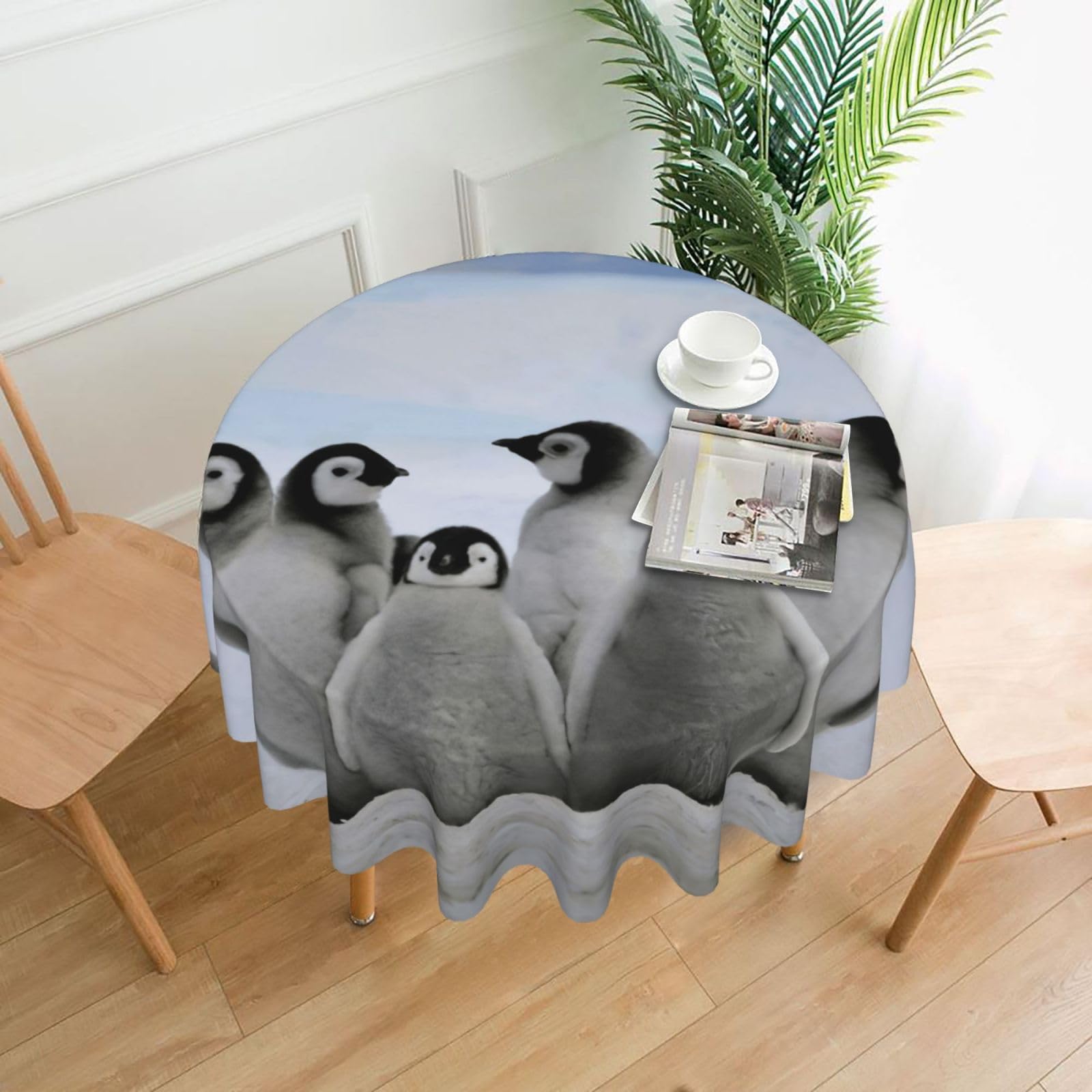 Uusnwaa Young Penguins With Snow Print Round Tablecloth 60 Inch, Stain Wrinkle Resistant Washable Polyester Table Cover For Kitchen Party