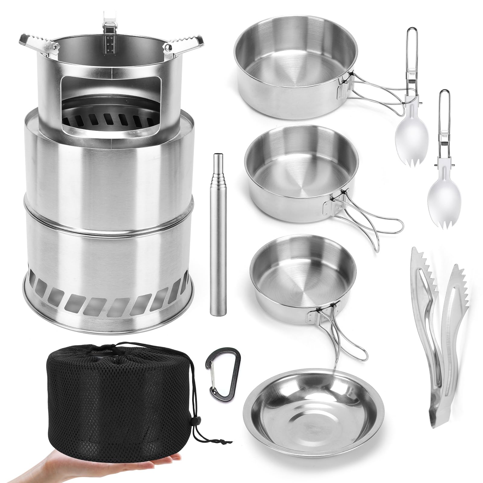 Kit de Utensilios Cocina Camping 11 piezas acero inoxidable 304 con hornillo de leña portátil cocina outdoor con olla sartén platos cubiertos senderismo mochila (Juego horno grande)