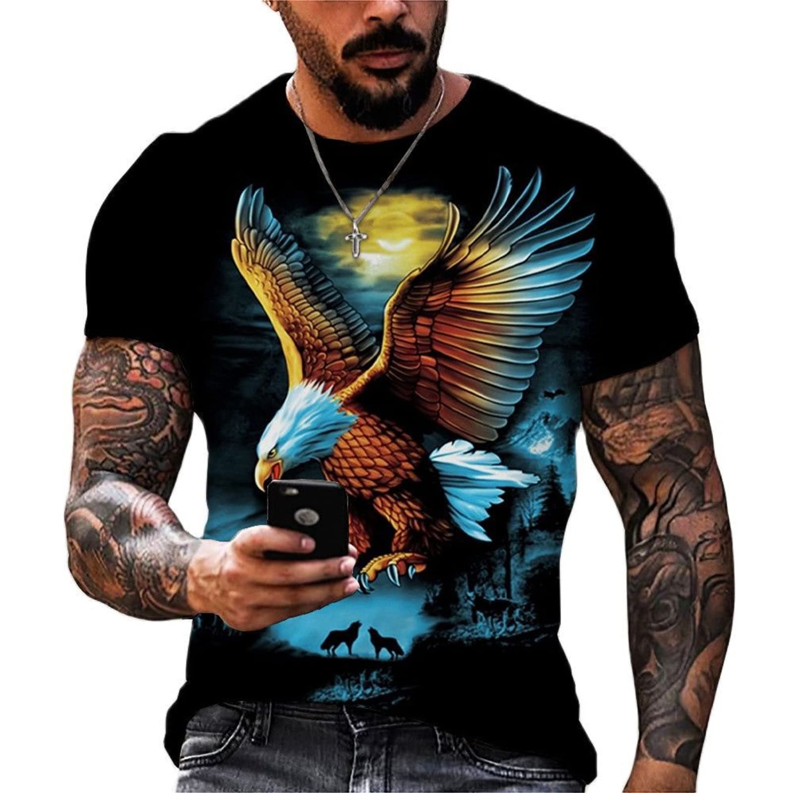 Men's American Flag and Eagle Print T-Shirt Short Sleeve Polyester Fiber T-Shirt
