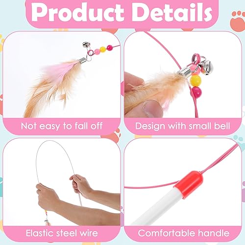 Miniatura 3 de 4 piezas de juguetes de plumas para gatos, juguetes para gatos con cuentas de campana, varita de alambre para gatos, persecución y ejercicio