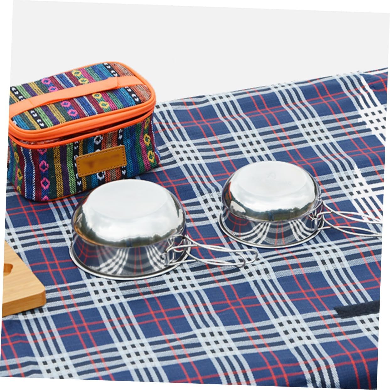 Mikinona Multi-use Stainless Steel Camping Bowl with Foldable Handles Lightweight Hiking Food Bowls for Outdoor Picnic Barbecue Travel Kit Mesh Bag