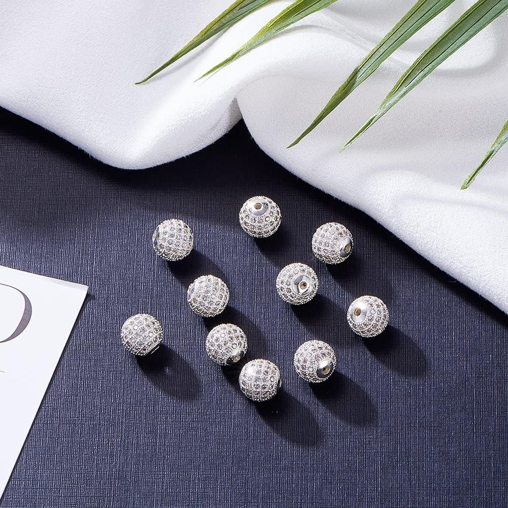 NBEADS 10 Pcs 10mm Platinum Color Brass Cubic Zirconia Beads, Clear CZ Stones Pave Micro Setting Disco Ball Spacer, Round Bracelet Connector Charms for Jewelry Making image 2