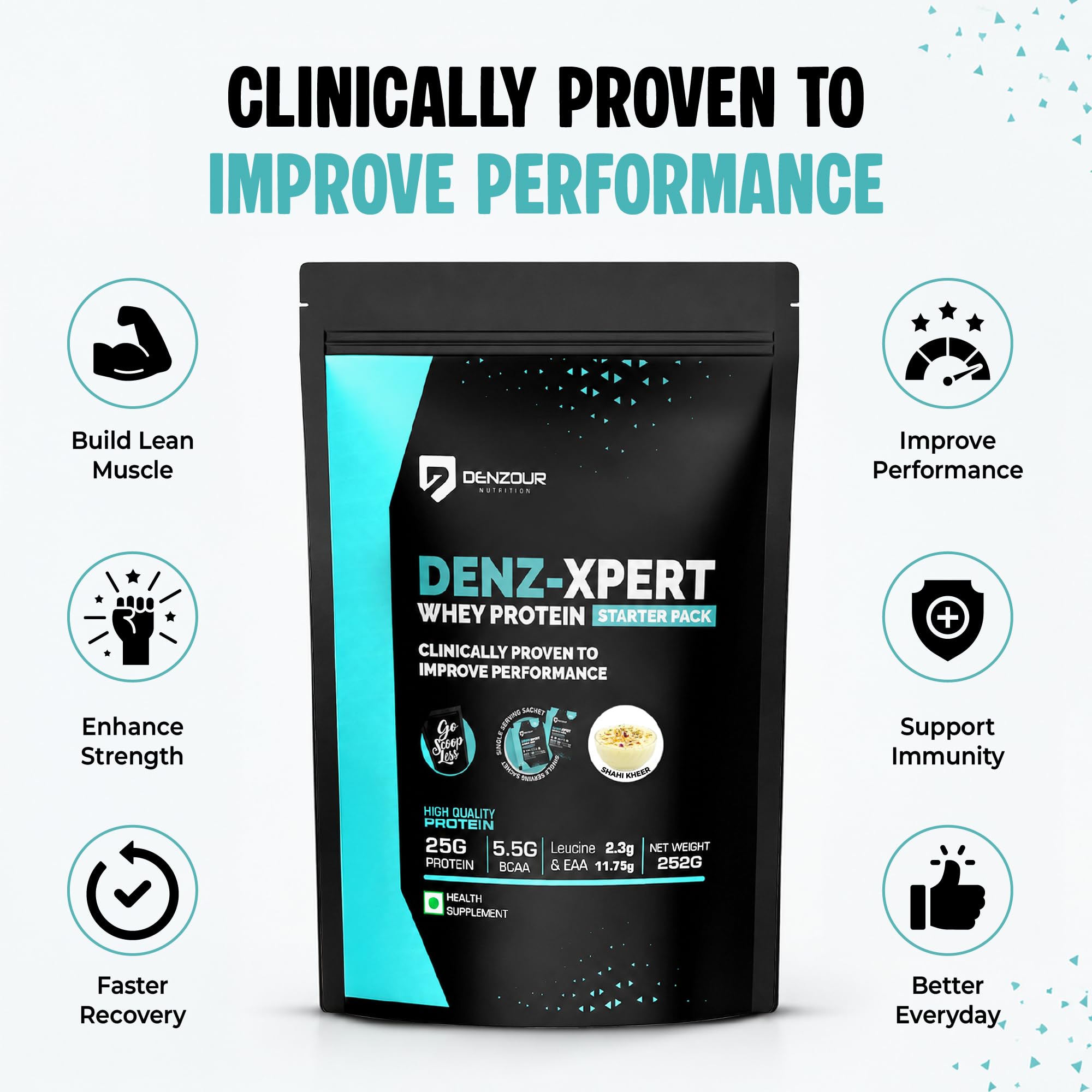 DENZOUR NUTRITION Denz - Xpert Whey Protein Powder| Easy Digesting Muscle Recovery, Muscle Growth & Improved Strength | 25gm Protein, 5.5g BCAA- 7 Sachets, Shahi Kheer Flavour- 252g (7 Servings) 3