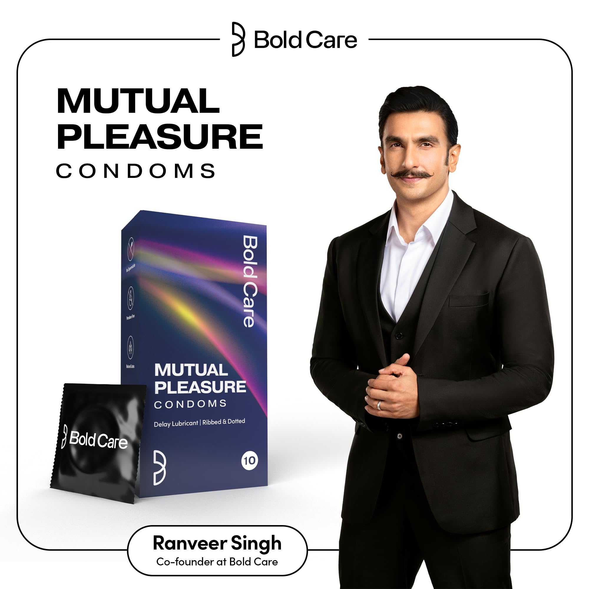 Bold Care Mutual Pleasure Dotted (576 Dots), Ribbed & D-LAY Condoms (Pack of 10) | Ultra thin with benzocaine & menthol lubrication | 60 Microns | Comes with Disposable pouch | Gold Standard Latex