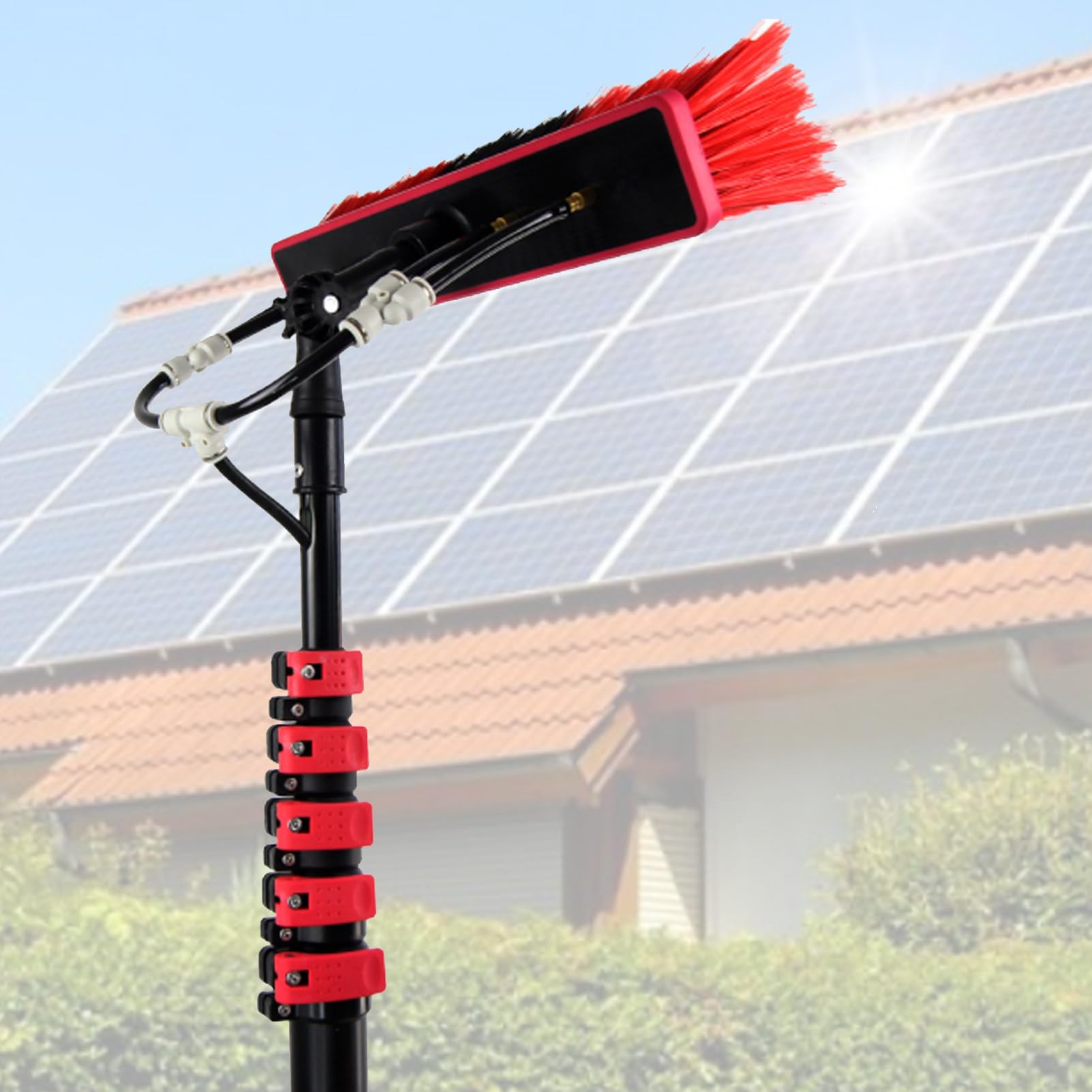 Cepillo de limpieza de paneles solares y kit de limpieza de ventanas, incluye postes de alimentación de agua para una limpieza eficiente de paneles fotovoltaicos y ventanas