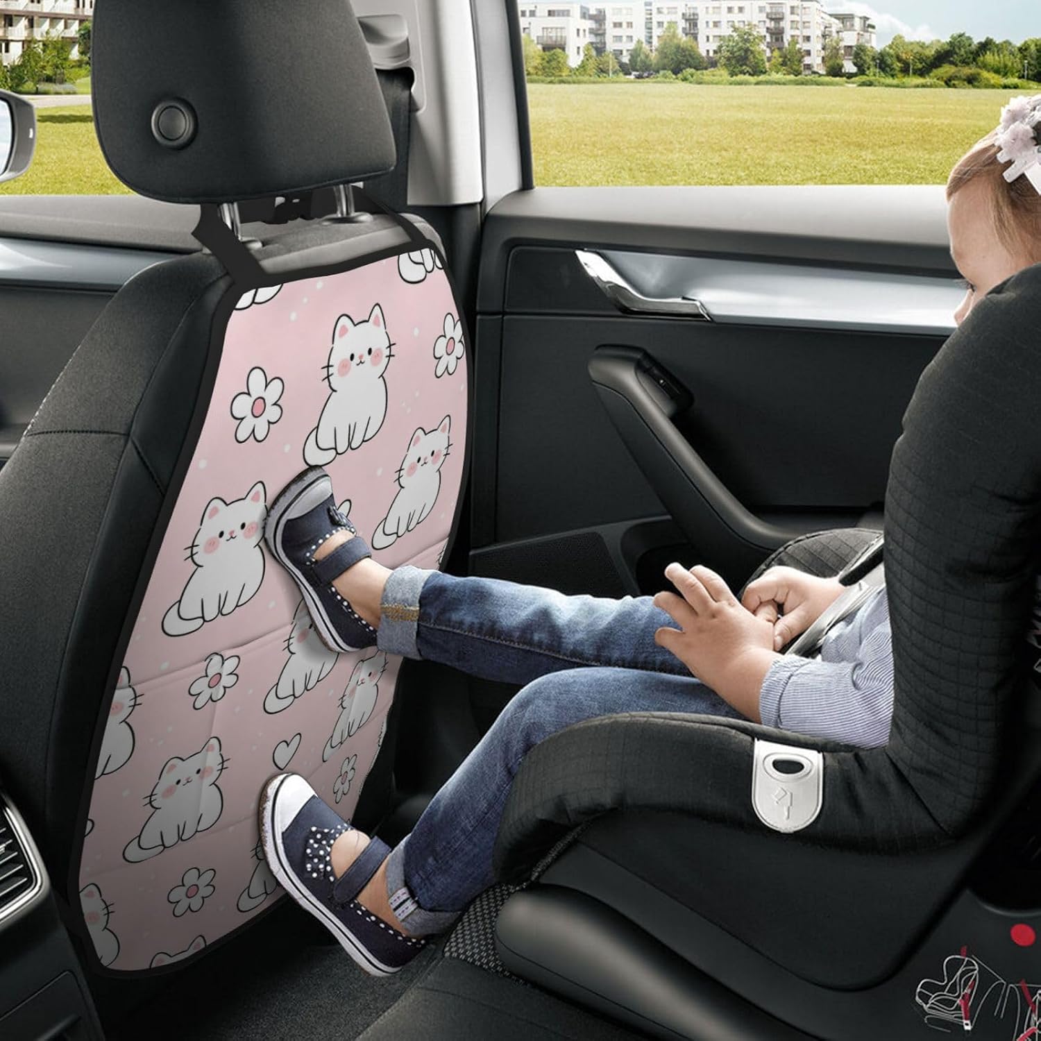 White Cat Pink Pattern Car Seat Back Kick Protector 2 Pack, 18.5x26.4 Inch Anti-Kick Pad, Waterproof Oxford Fabric Large Rear Seat Cover for Kids Pets Fits SUV Jeep Truck Sedan