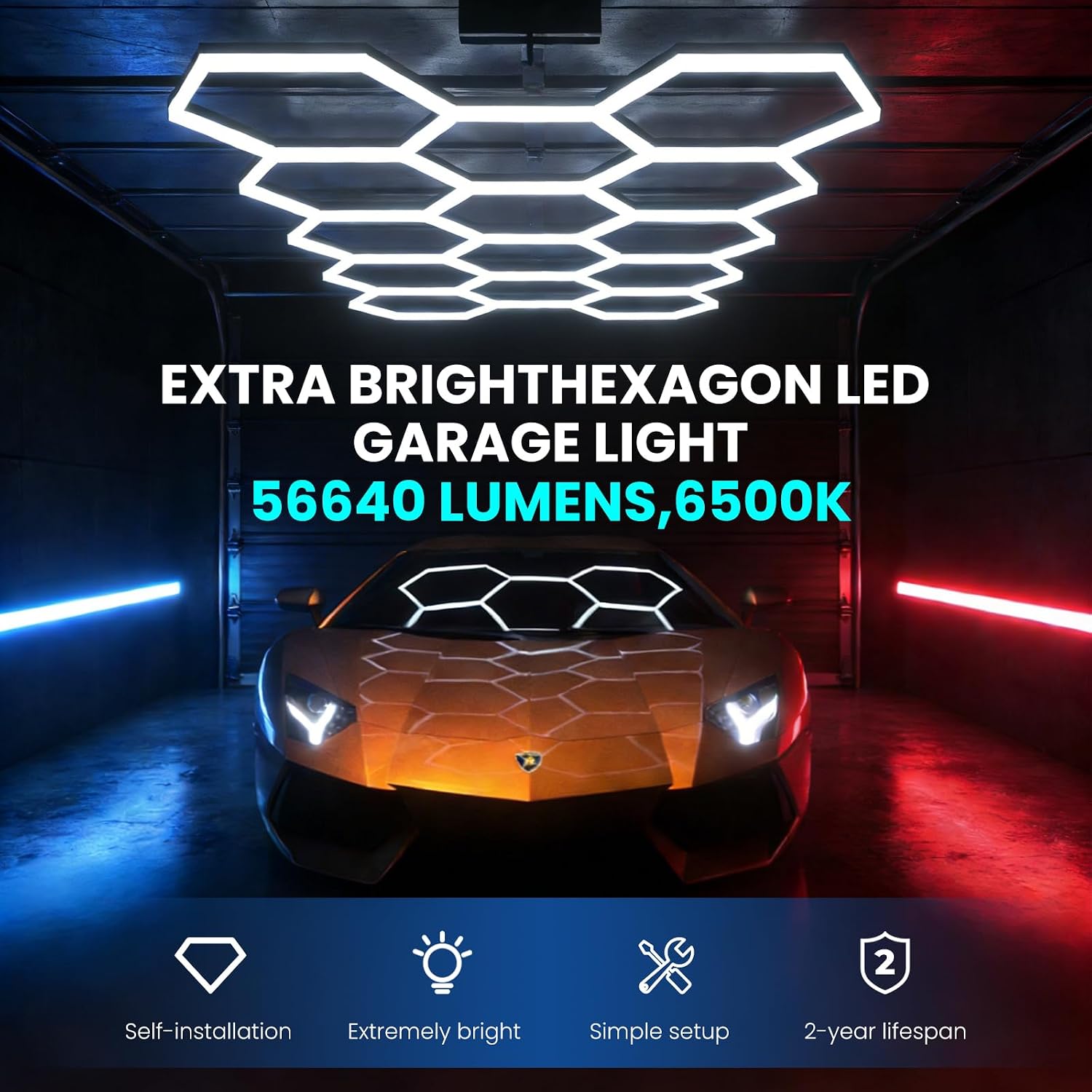 Hexagon Garage Lights 472W 56640LM 6500K, 59-Tube Ultra Bright Honeycomb Hex Lights with 14-Pack Heavy Duty Adjustable Hanging Chains for Workshop Car Detailing Gym Warehouse