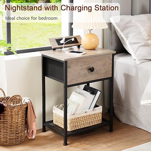 Miniatura 8 de AMHANCIBLE Juego de 2 mesas auxiliares en forma de C, juego de 2 mesitas de noche, mesas auxiliares pequeñas, sala de estar con estación de carga