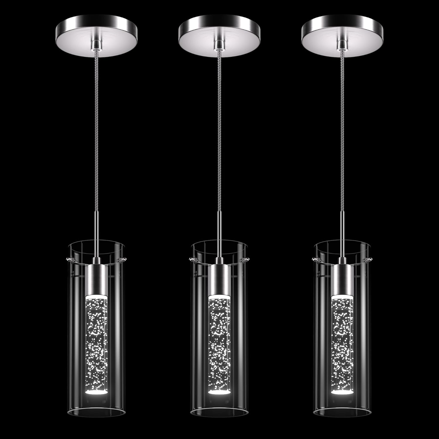 Pendant Ceiling Light Fixture, LED Kitchen Lighting Crystal Pendant Lights Kitchen Island, 1-Light Integrated Kitchen Hanging Light Fixture Modern Island Light with Bubble Glass Three Pack