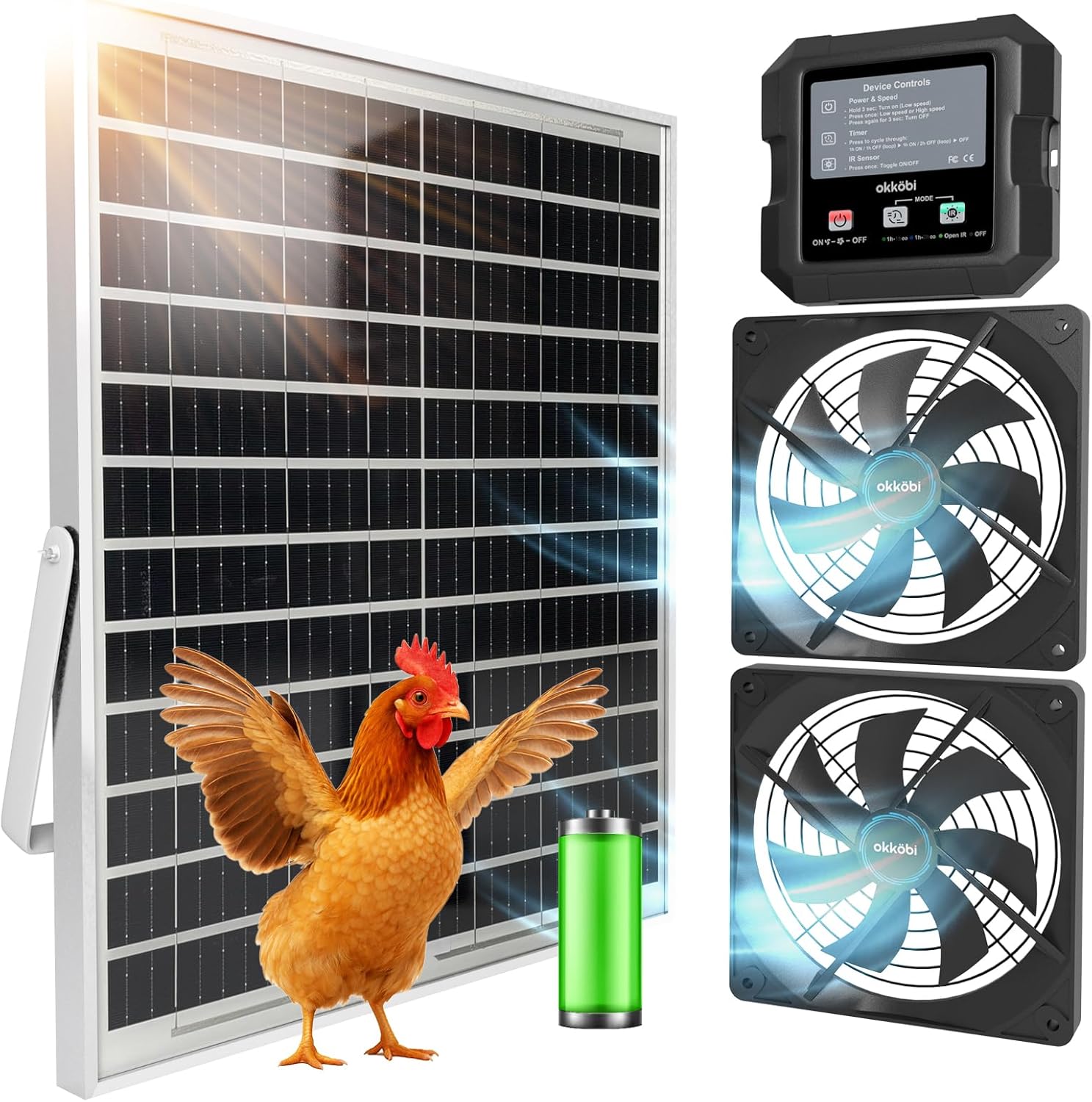 Solar Fan for Chicken Coop and Greenhouse, Dual Solar Ventilation with Battery, Air Intake or Exhaust, Control Box with 3 Modes