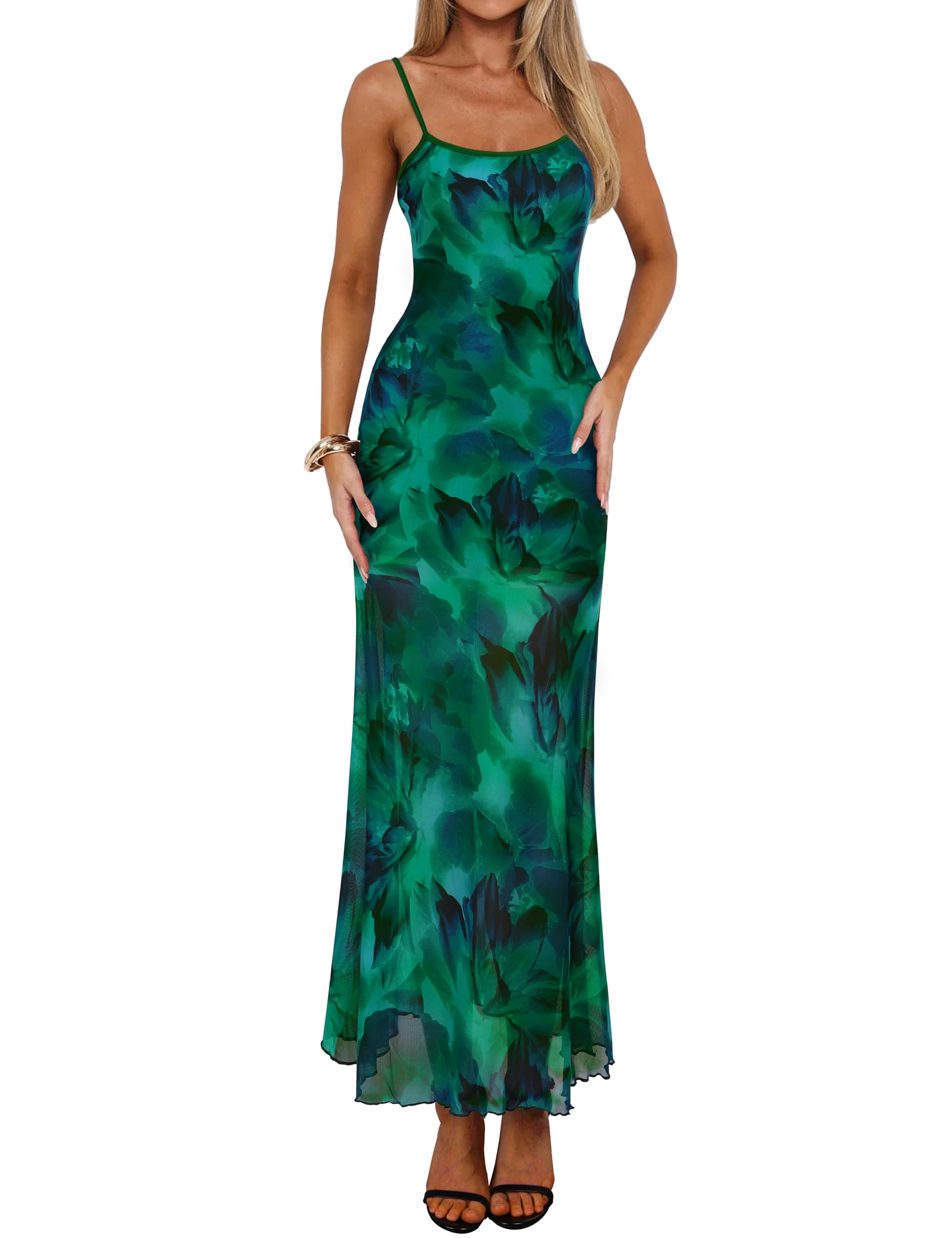 Lingswallow Women's Floral Dress Spaghetti Strap Long Bodycon Dresses Stretch Sexy Backless Cami Maxi Mesh Dress 2025 Summer