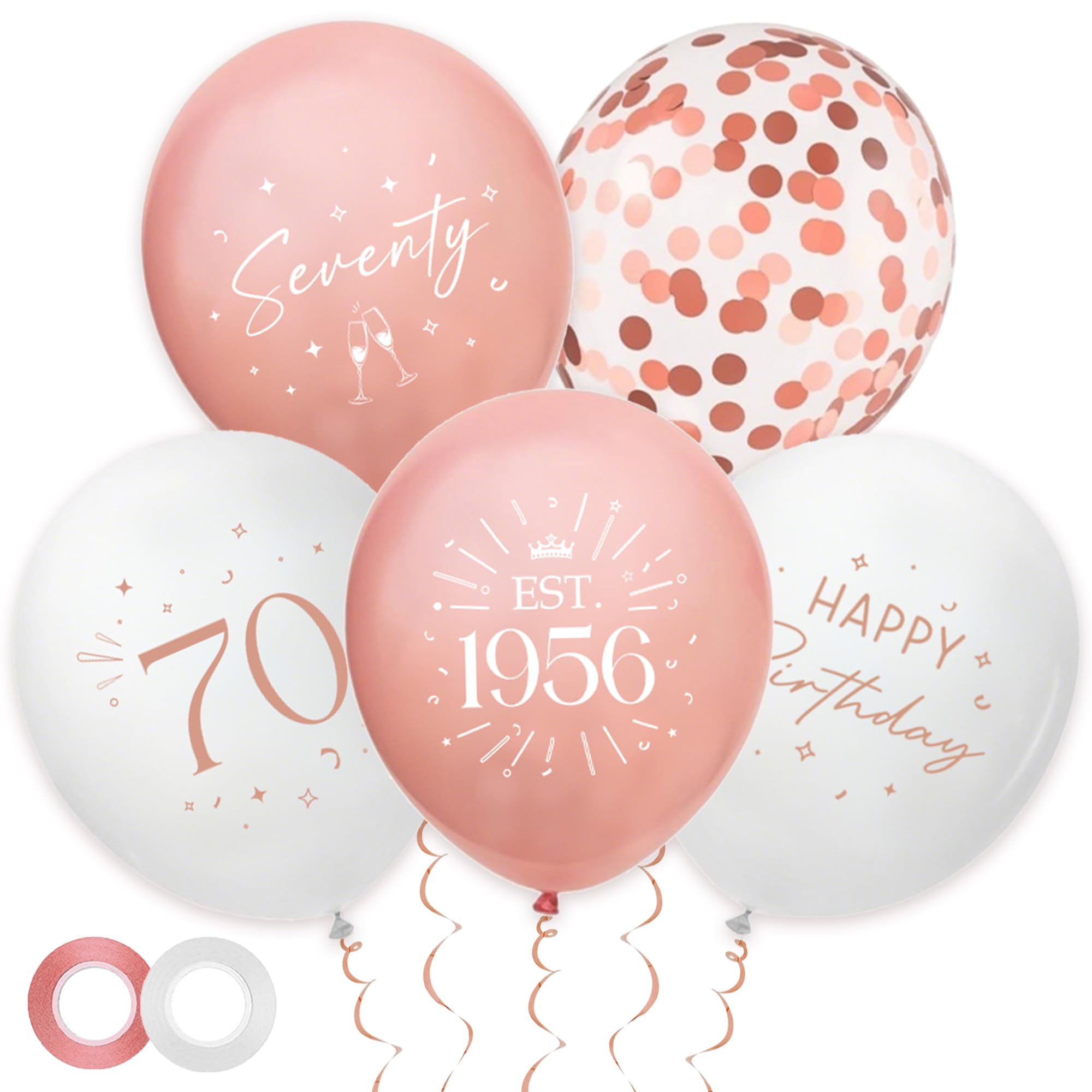 30 Pack 70th Birthday Balloons Decorations - Rose Gold 70 Party Decor for Girls Seventy Balloon with Ribbon, Retro Vintage Classic EST. 1956 Happy 70th Birthday Decoration