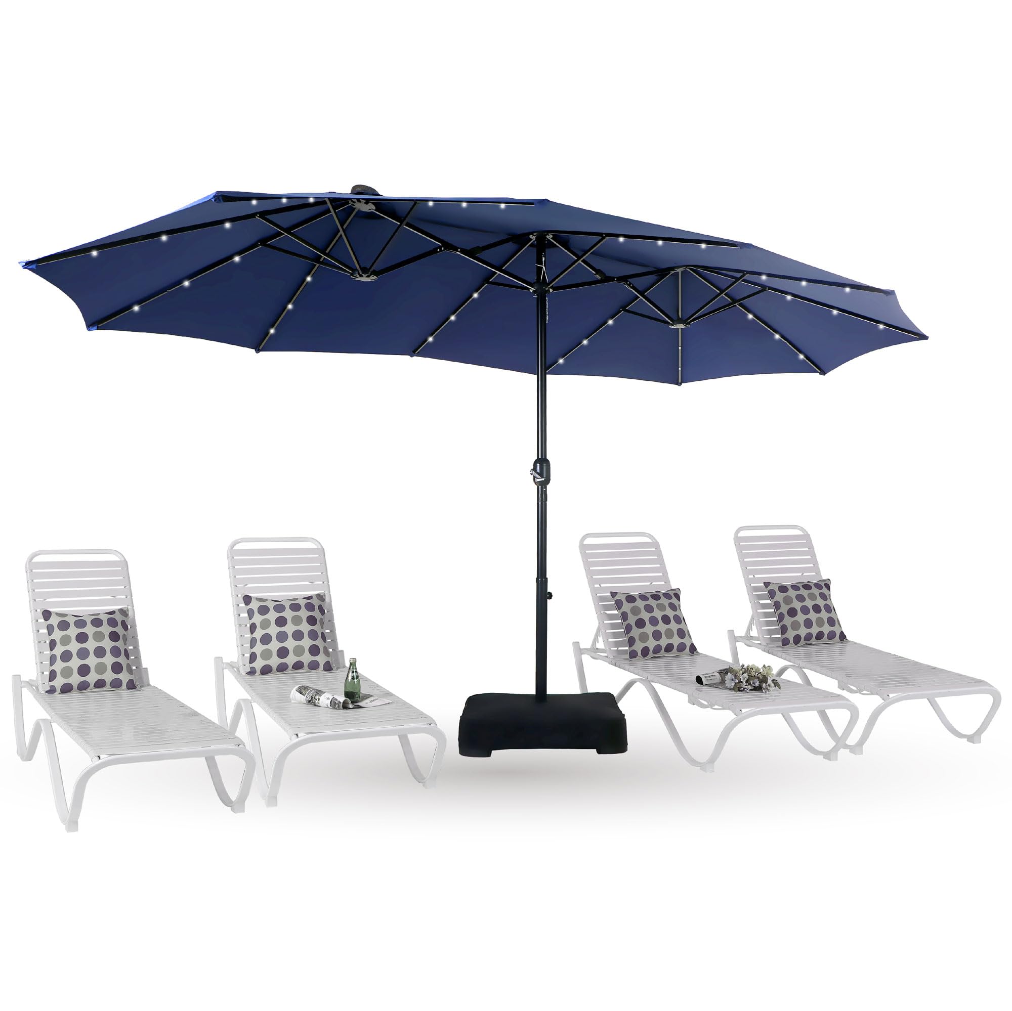 PHI VILLA 15ft Large Patio Umbrella with Solar Lights, Double-Sided Outdoor Market Rectangle Umbrellas with 36 LED Lights, Umbrella Base (Stand) Included, Navy Blue