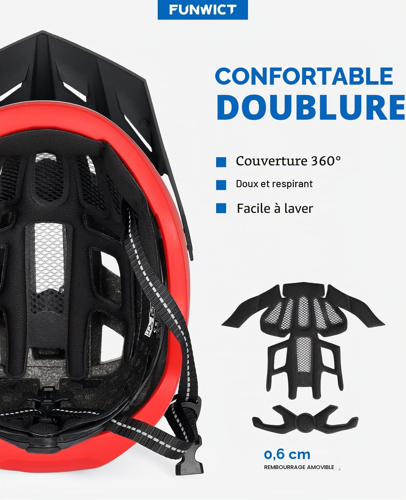 Casque Velo Homme Femme avec Visiere et Lunettes Détachables, Casque Vélo Casques VTT avec Feu Arrière à LED Rechargeable, Casque Cyclisme pour Adulte et Adolescent (L: 57-61 cm, Noir Rouge)