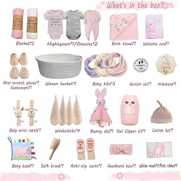 Baby Girl Shower Gift Basket Set - Newborn Essentials, Large Pink Gift Basket with Rattle, Swaddle, Diaper Caddy Organizer