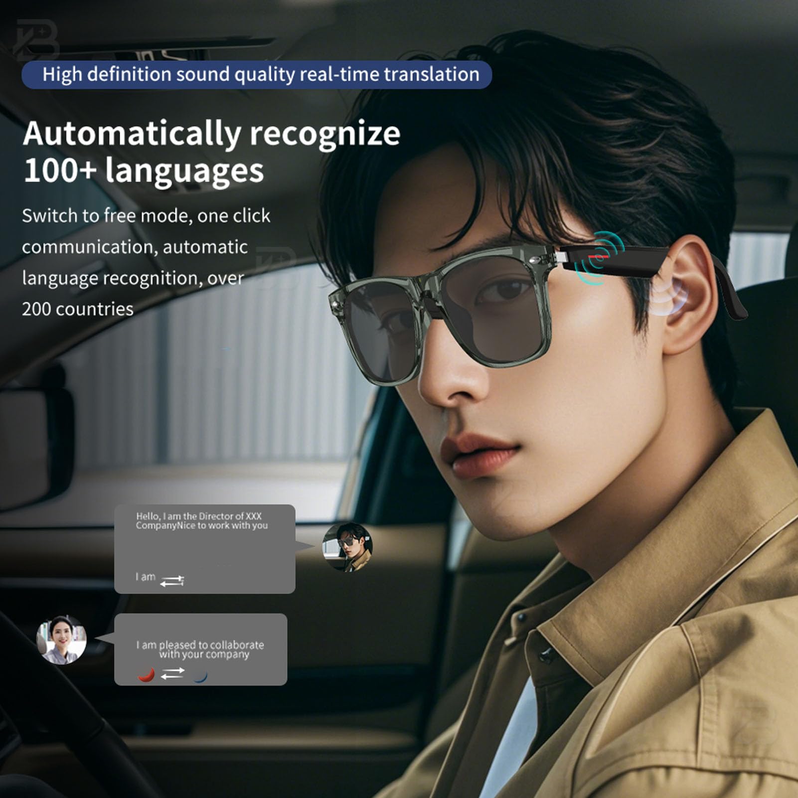 AI Smart Glasses 144 Lingue Traduzione in Tempo Reale, Occhiali da Sole Bluetooth 5.4 con Controllo Touch, IP65 Acqua Integrata in Microfono/Altoparlante, per Viaggi (cornice