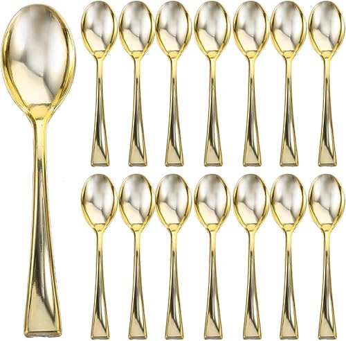 Cabilock Decoración navideña, 24 cucharas de plástico doradas, cucharas de degustación de plástico dorado, cuchara de postre dorado, muestreo de