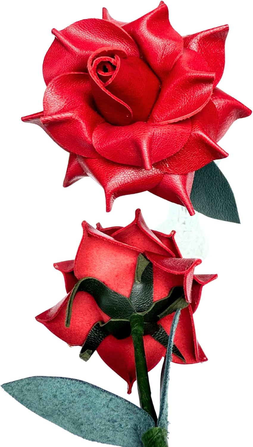 Camellia Bees Leather Rose Gift for Her Him - Handmade Genuine Leather Flower for 3rd Anniversary, Third Year Wedding, Valentines Day, Mothers Day - Forever Rose Gift for Wife Girlfriend (Red)
