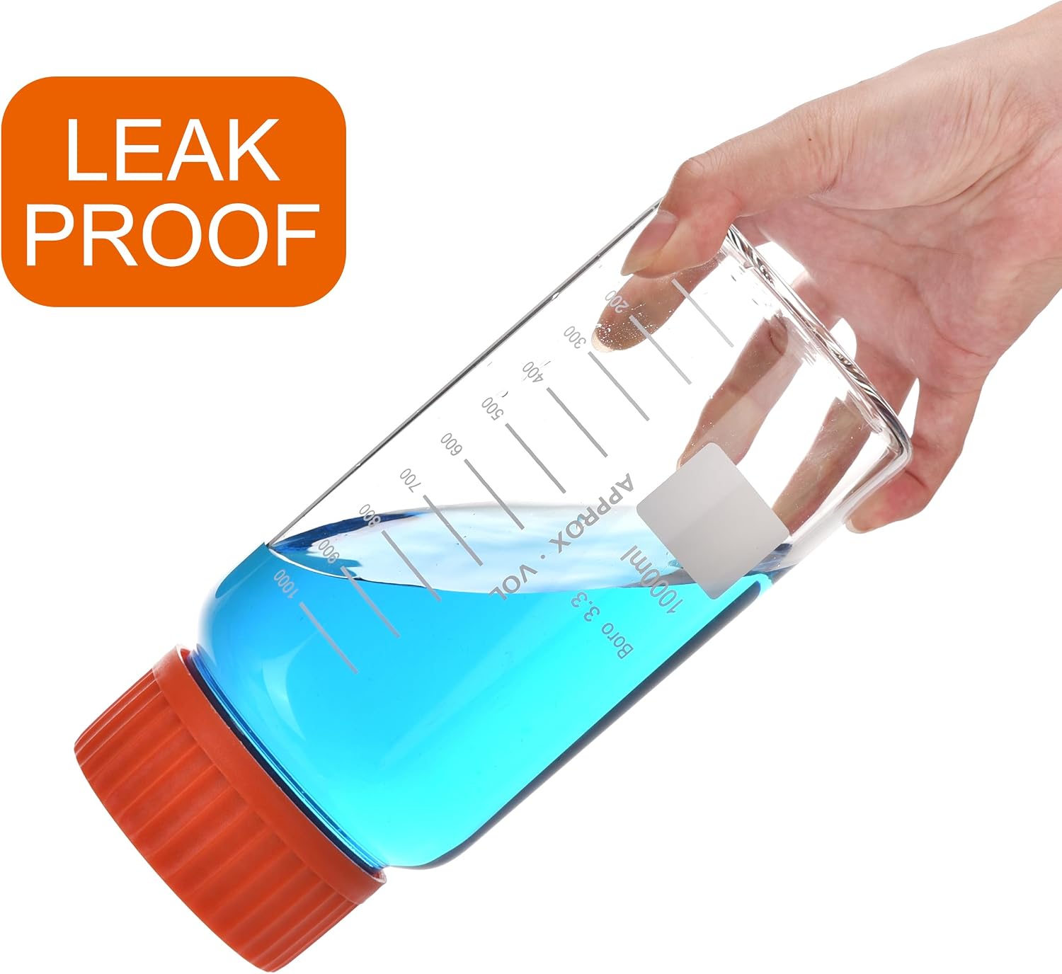 2 Pack 1000ml Wide Mouth Graduated Round Reagent Bottle,Borosilicate 3.3 Glass Bottle,Media Storage Bottle With GL80 Orange Polypropylene Screw Cap
